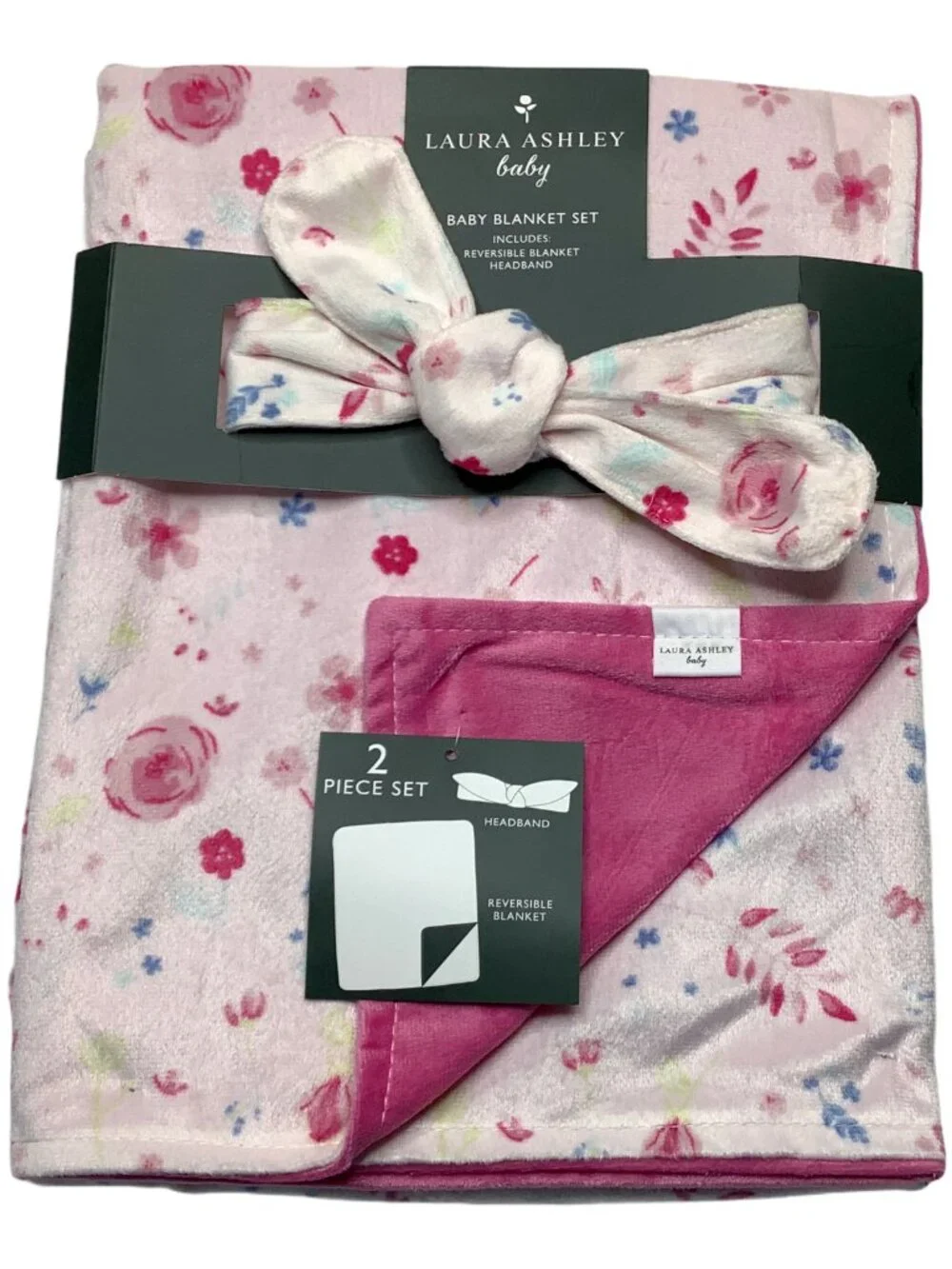 NWT Laura Ashley Floral Flowers Baby Blanket & Headband 2 Piece Set Mink Minky